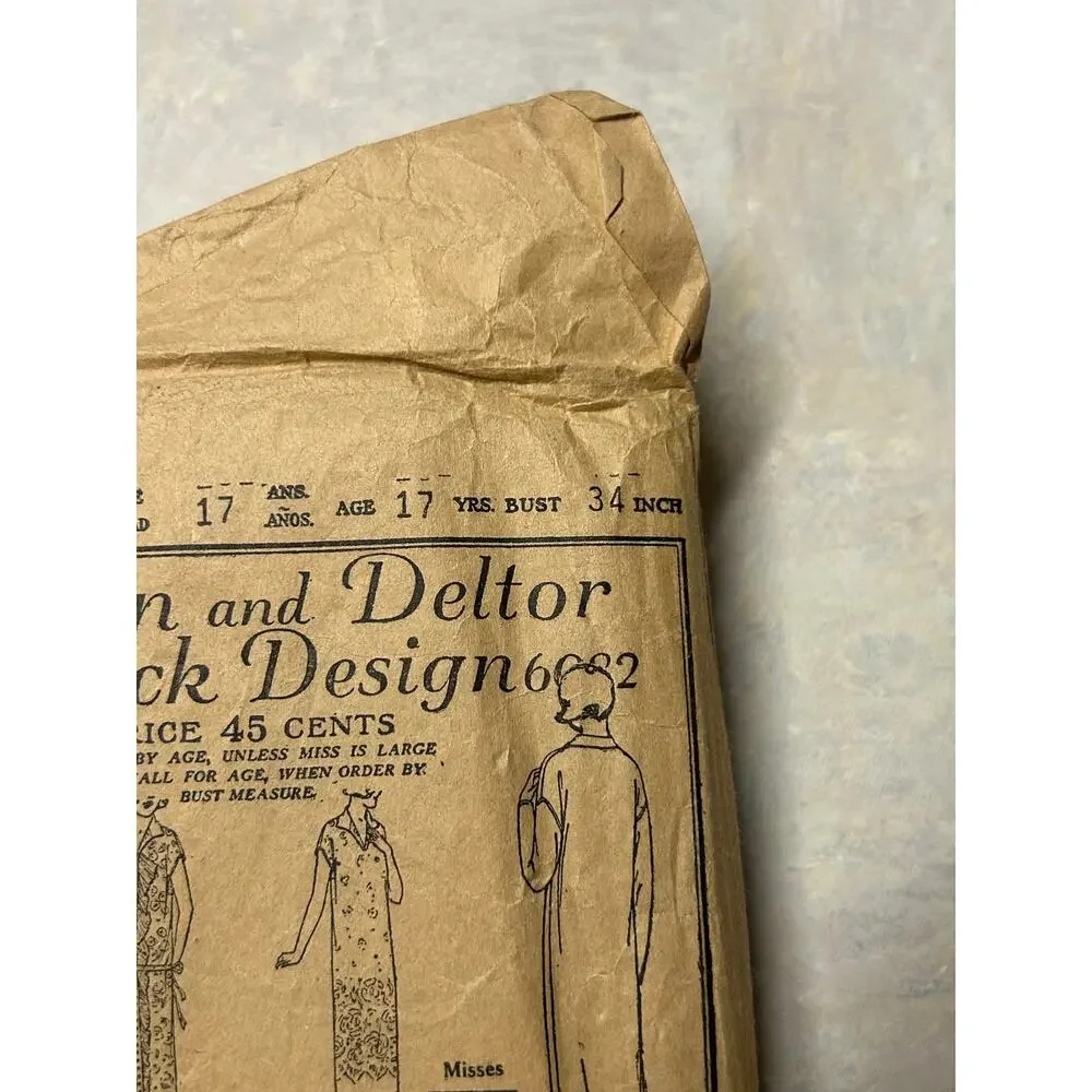 Antique 30's Butterick Pattern #6082 Misses Slip Over 1 Piece Dress Size‎ 17 Yr